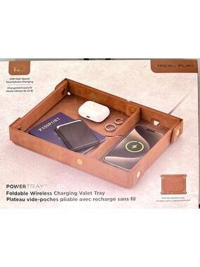 Press Play Foldable Wireless Charging Pad And Valet Tray Brown Vegan Leather